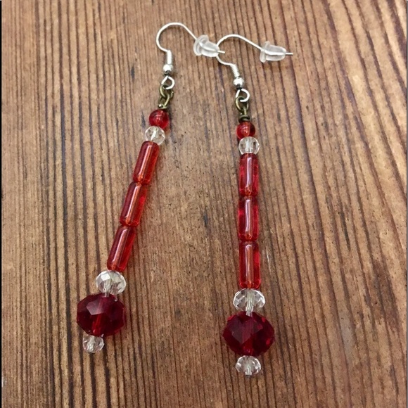 *Red Beaded Dangle Earrings Handmade Ladies Earrings - Picture 3 of 6